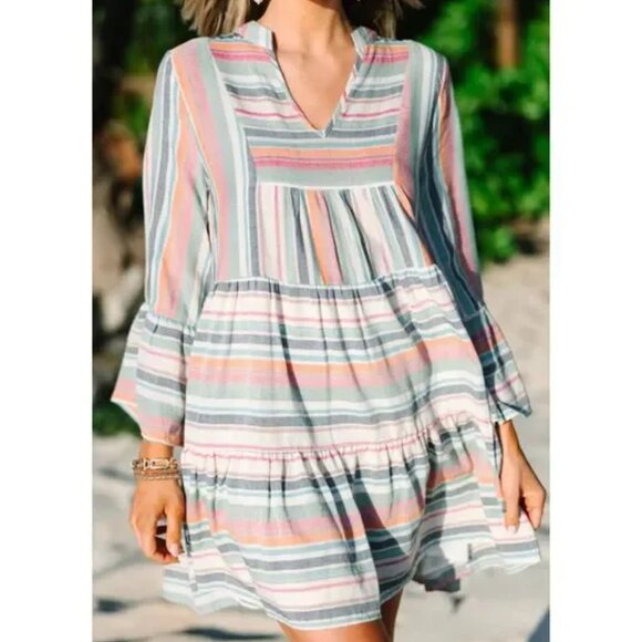 Entro Multicolor Striped Babydoll Mini Dress Size Small Boho Feminine Cotton - Picture 5 of 11